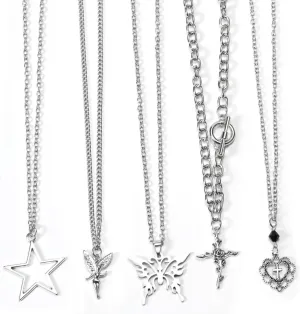 10 Pcs Y2k Necklace Set for Women, Goth Grunge Accessories Jewelry Necklaces, Gothic Cross Fairy Thorns Gothic Angel Heart Feather Star Butterfly Emo Vintage Silver Pendant Necklace