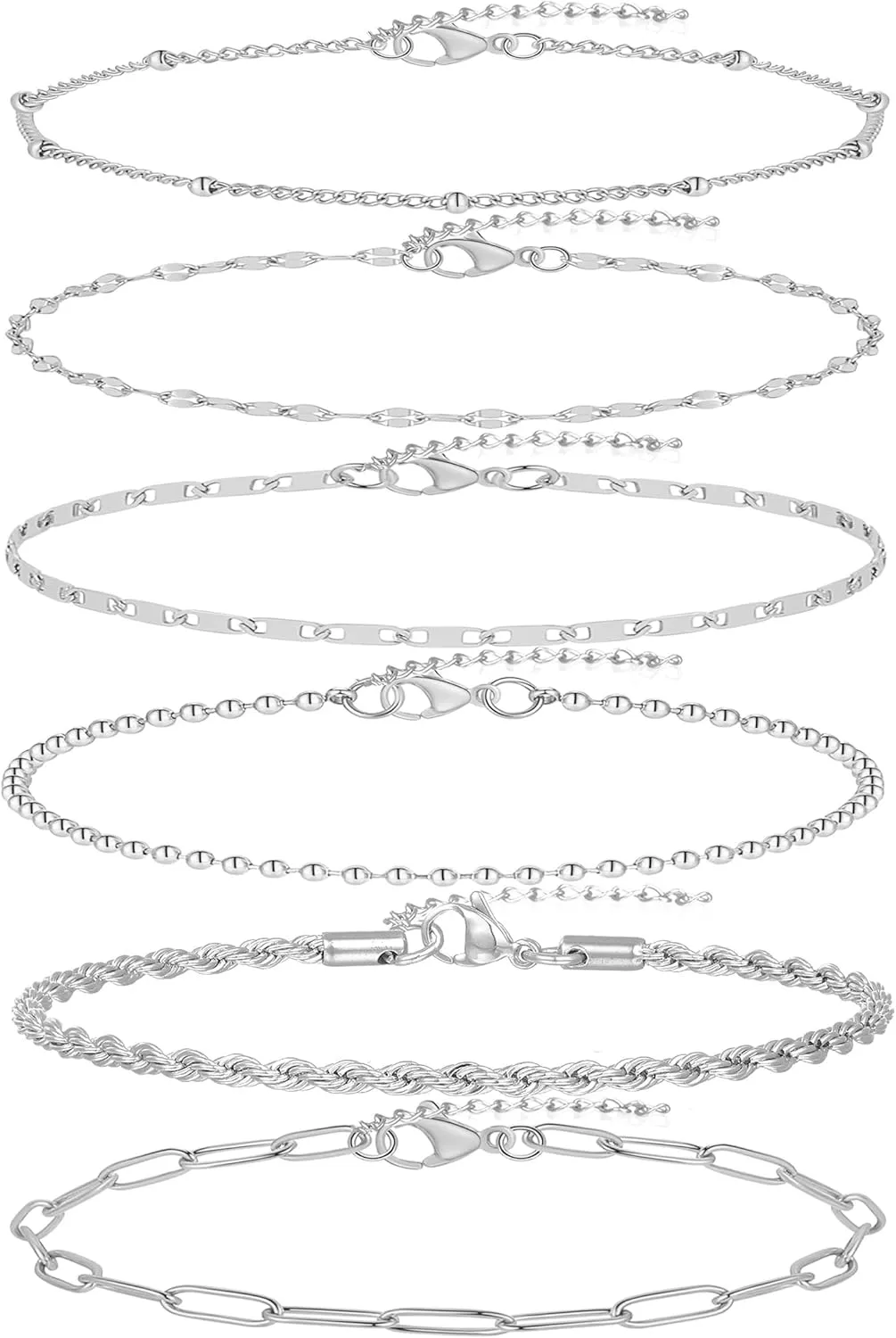 6PCS 18k Gold Plated Stainless Steel Ankle Bracelets for Women Waterproof Layered Herringbone Figaro Bead Paperclip Rope Tennis Box Cuban Link Rolo Satellite Chain Anklets Set Gold Tone