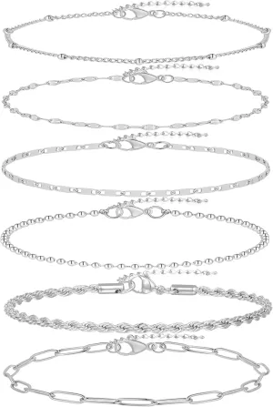 6PCS 18k Gold Plated Stainless Steel Ankle Bracelets for Women Waterproof Layered Herringbone Figaro Bead Paperclip Rope Tennis Box Cuban Link Rolo Satellite Chain Anklets Set Gold Tone