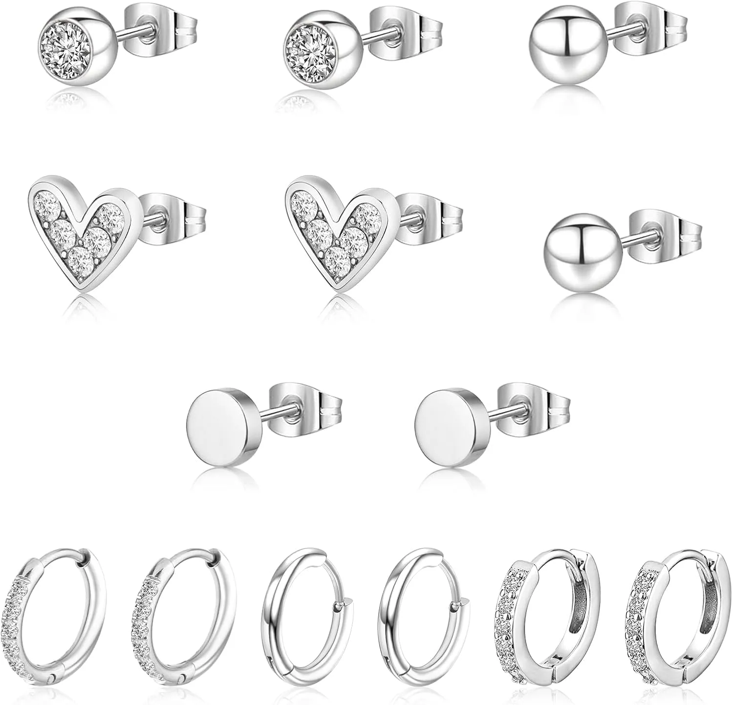 7pairs Silver Stud Earrings for Women,Earrings Stud with Cubic Zirconia Small Sleeper Earrings for Multiple Piercings