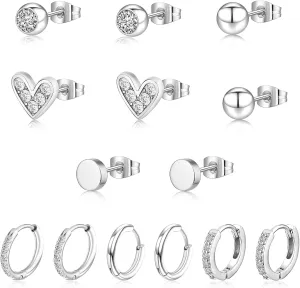 7pairs Silver Stud Earrings for Women,Earrings Stud with Cubic Zirconia Small Sleeper Earrings for Multiple Piercings