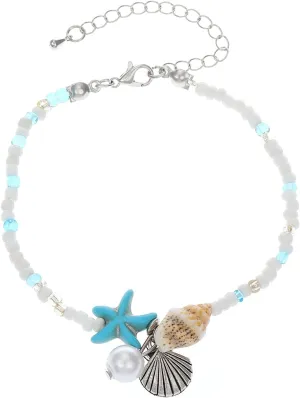 Anmpab Bohemian Starfish Seashell Pearl Anklet Bracelet for Women Adjustable Sand Beach Conch Shell Beaded Waterproof Foot Chain Summer Party Jewelry