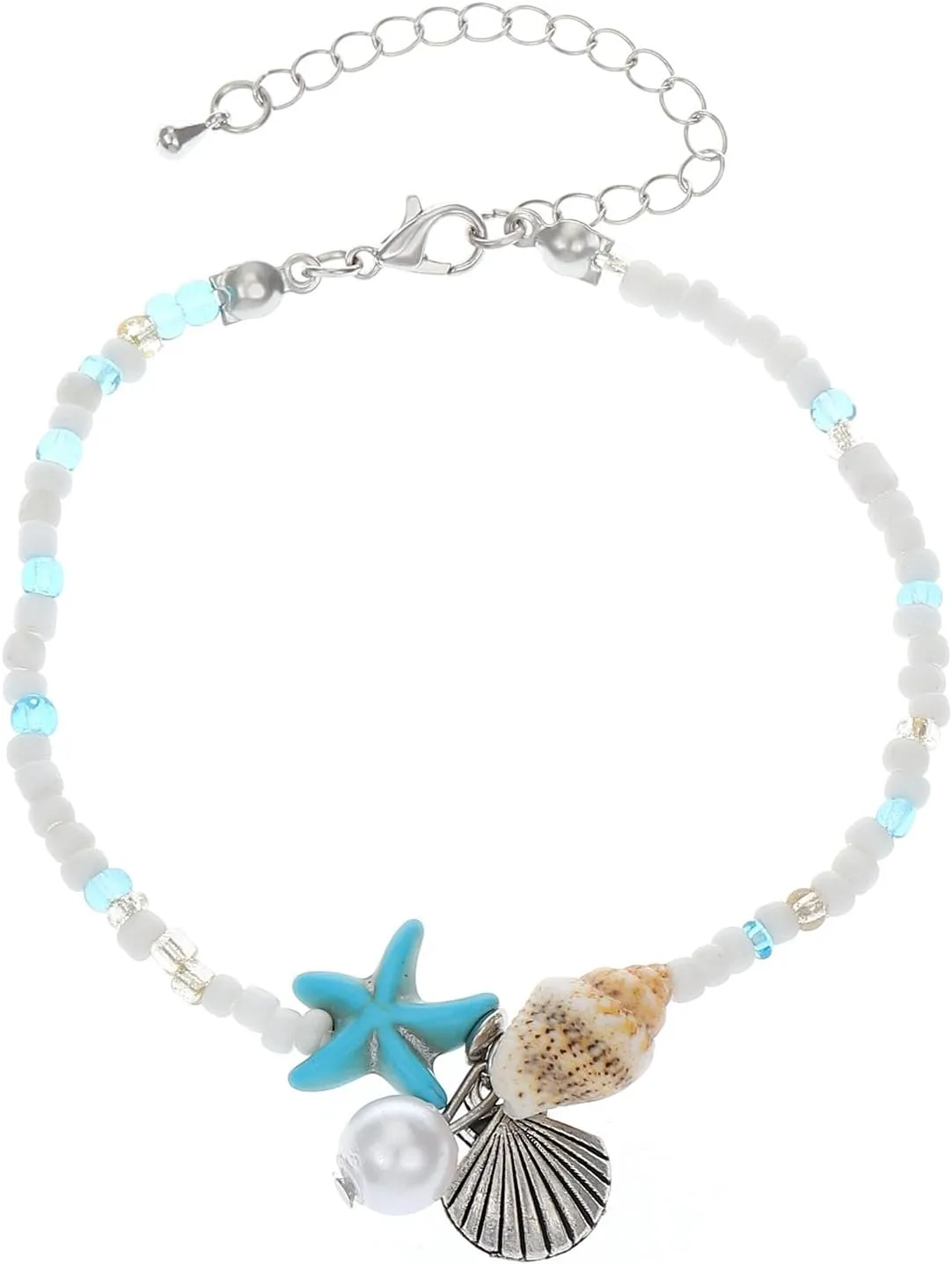 Anmpab Bohemian Starfish Seashell Pearl Anklet Bracelet for Women Adjustable Sand Beach Conch Shell Beaded Waterproof Foot Chain Summer Party Jewelry