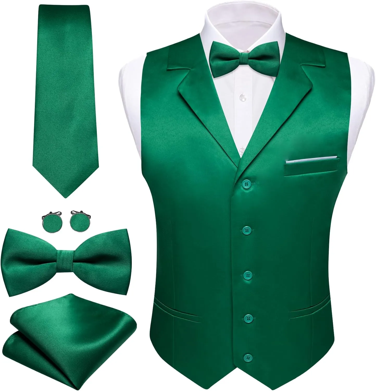 Barry.Wang Mens Satin Formal Suit Vest Tie Bowtie Set 8PC Lapel Collar Casual Slim Fit Waistcoat Wedding Party Tuxedo
