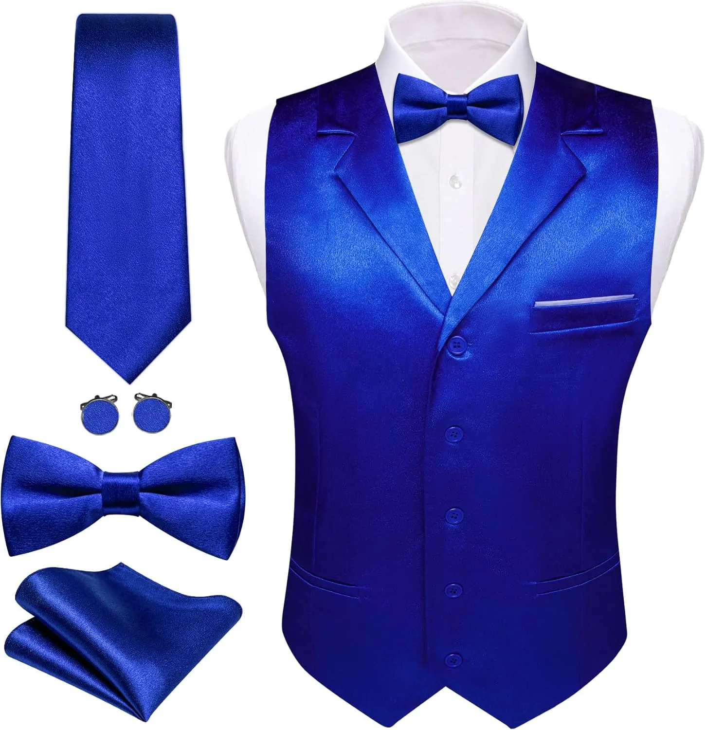 Barry.Wang Mens Satin Formal Suit Vest Tie Bowtie Set 8PC Lapel Collar Casual Slim Fit Waistcoat Wedding Party Tuxedo