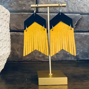 Black Suede Chevron with Yellow Gold Suede Fringe Earrings
