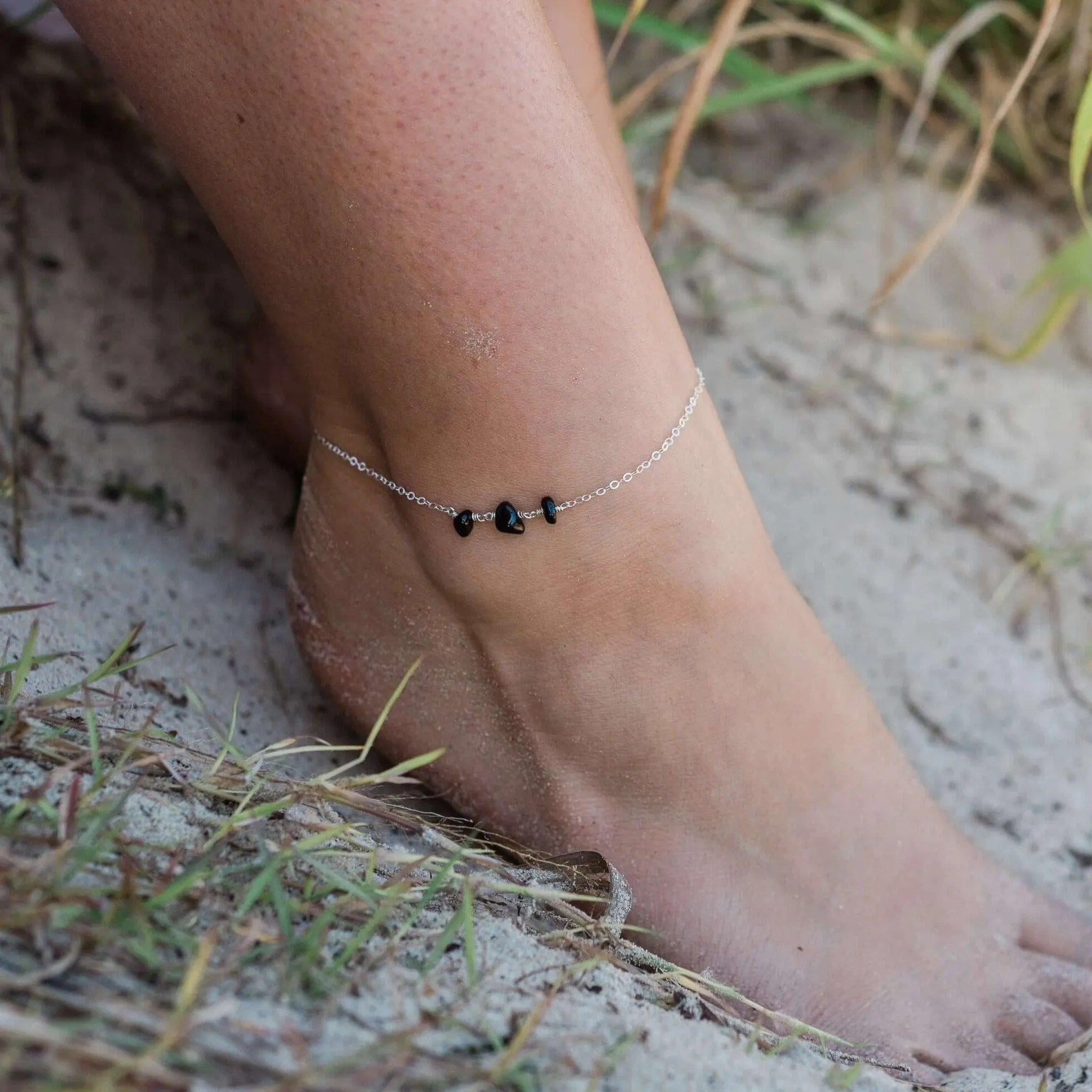 Black Tourmaline Beaded Chain Anklet