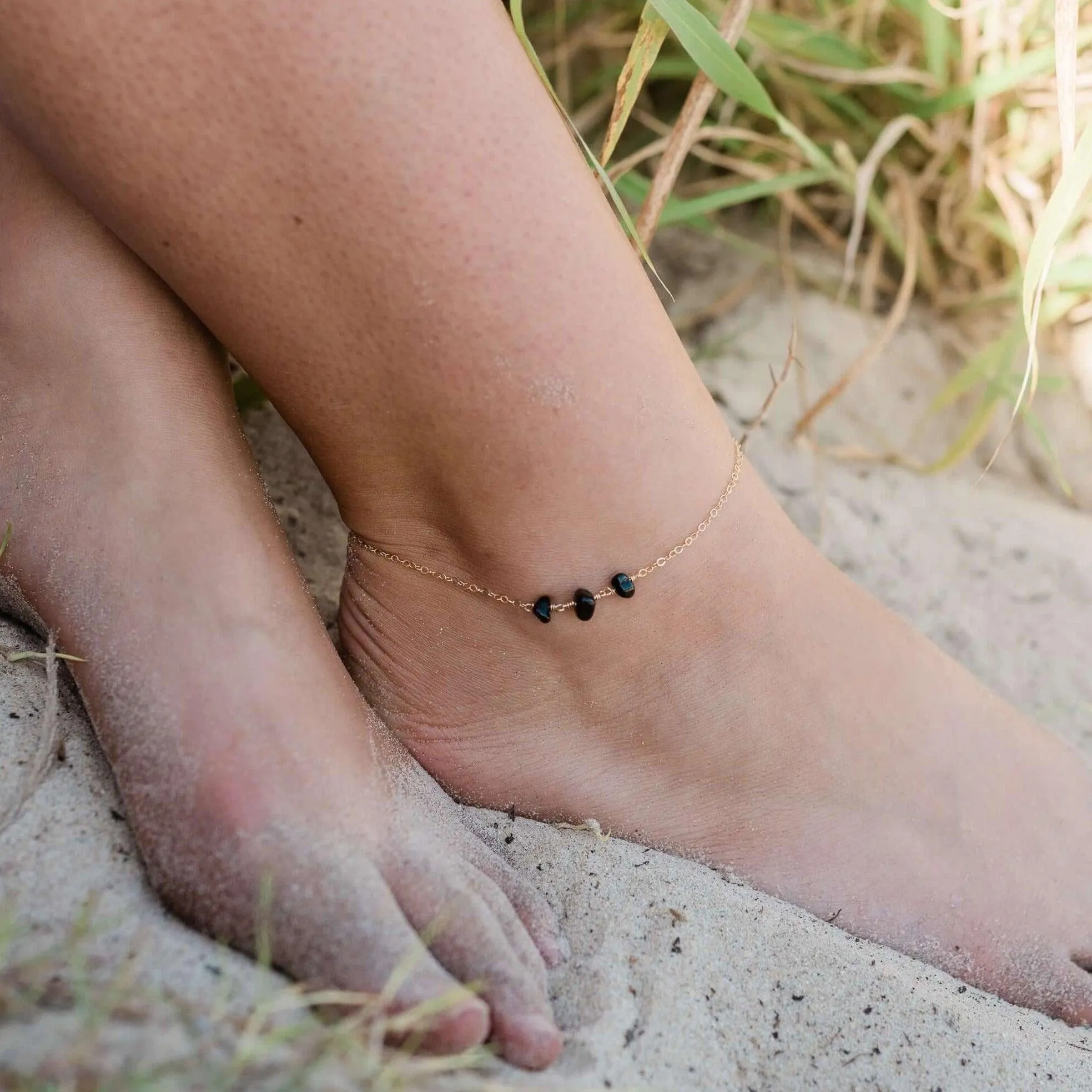 Black Tourmaline Beaded Chain Anklet