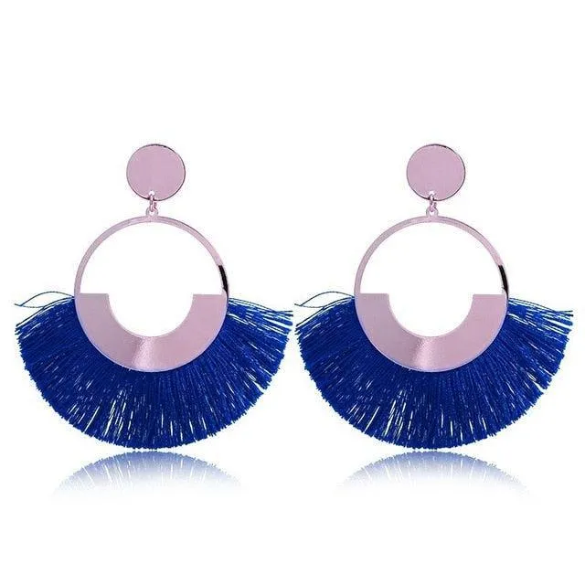 Bohemian Ethnic Handmade Circle Fan Shaped Long Tassel Drop Earrings