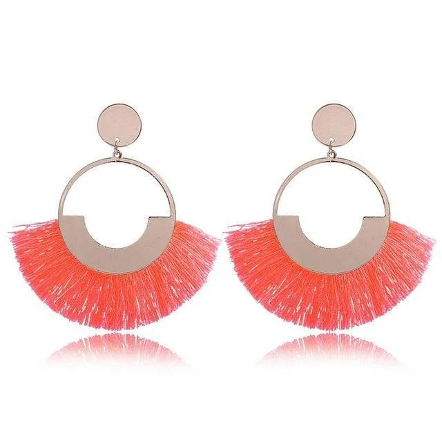 Bohemian Ethnic Handmade Circle Fan Shaped Long Tassel Drop Earrings