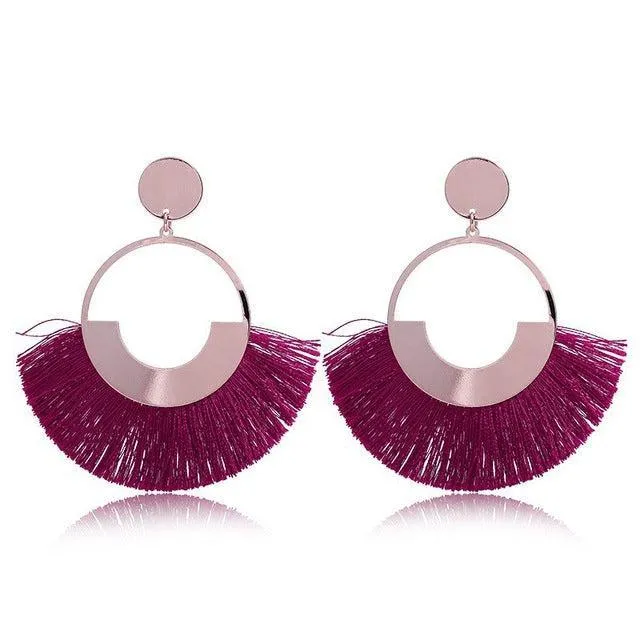 Bohemian Ethnic Handmade Circle Fan Shaped Long Tassel Drop Earrings