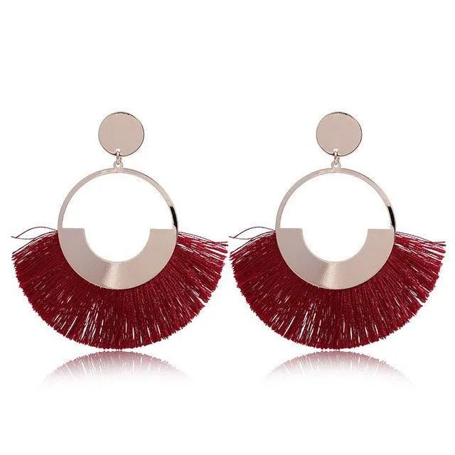 Bohemian Ethnic Handmade Circle Fan Shaped Long Tassel Drop Earrings