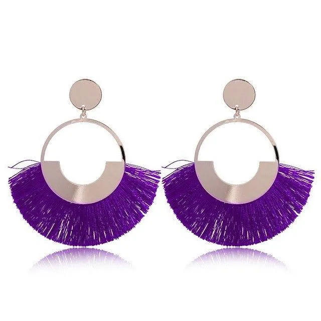 Bohemian Ethnic Handmade Circle Fan Shaped Long Tassel Drop Earrings