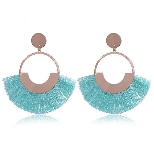 Bohemian Ethnic Handmade Circle Fan Shaped Long Tassel Drop Earrings