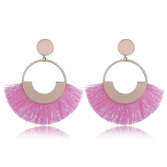 Bohemian Ethnic Handmade Circle Fan Shaped Long Tassel Drop Earrings