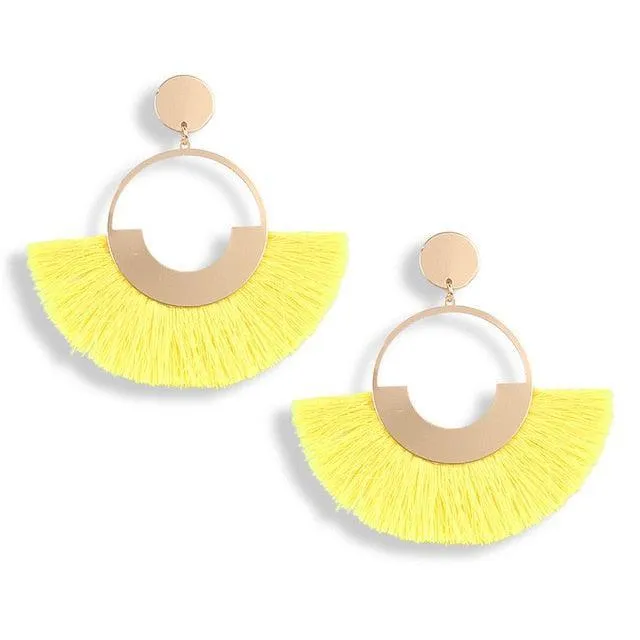 Bohemian Ethnic Handmade Circle Fan Shaped Long Tassel Drop Earrings