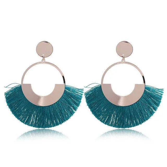 Bohemian Ethnic Handmade Circle Fan Shaped Long Tassel Drop Earrings