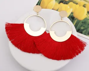 Bohemian Ethnic Handmade Circle Fan Shaped Long Tassel Drop Earrings