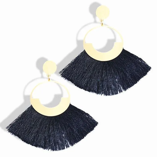 Bohemian Ethnic Handmade Circle Fan Shaped Long Tassel Drop Earrings