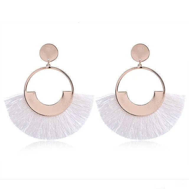 Bohemian Ethnic Handmade Circle Fan Shaped Long Tassel Drop Earrings
