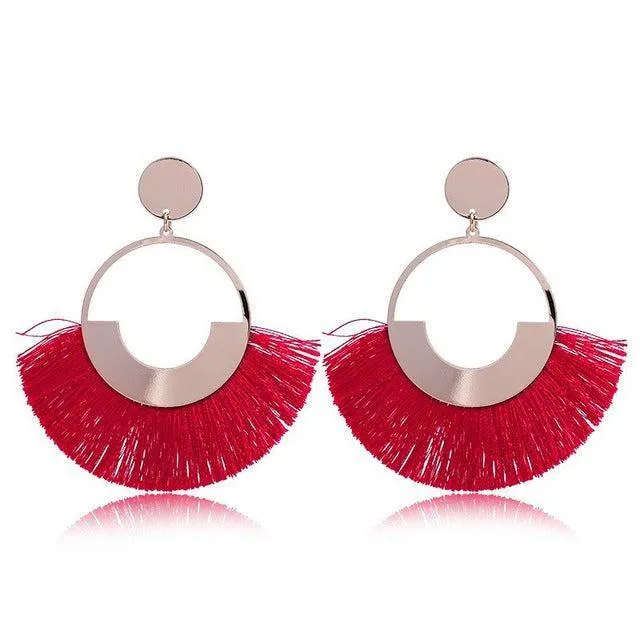 Bohemian Ethnic Handmade Circle Fan Shaped Long Tassel Drop Earrings