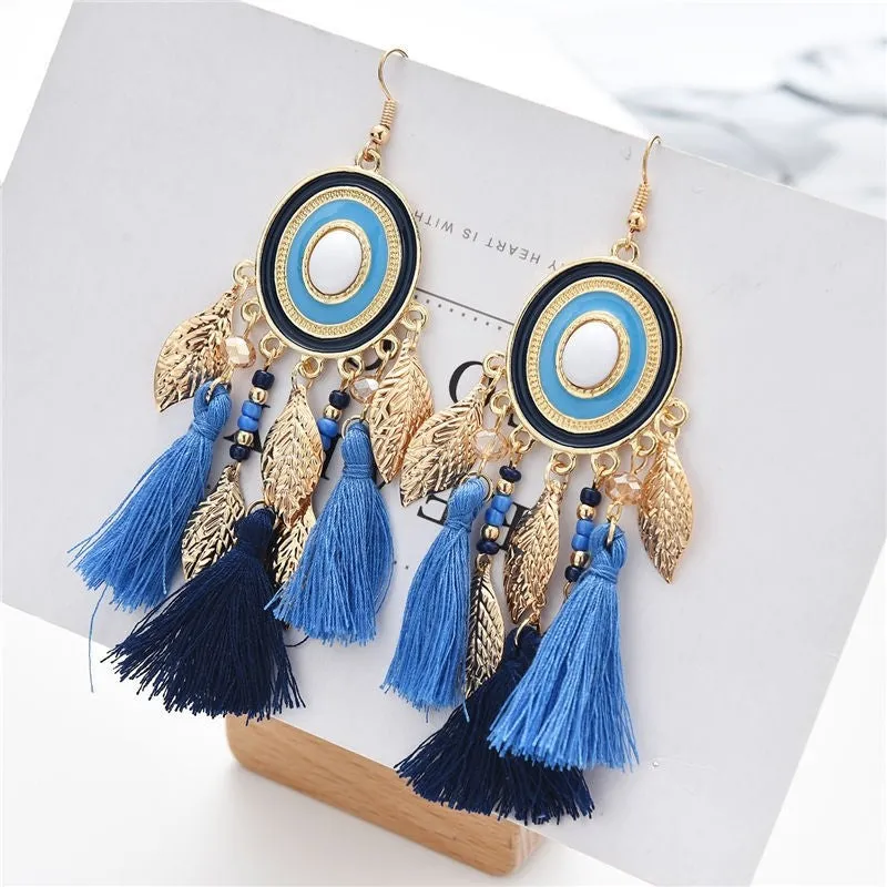 Boho Leaf Long Tassel Drop Earrings