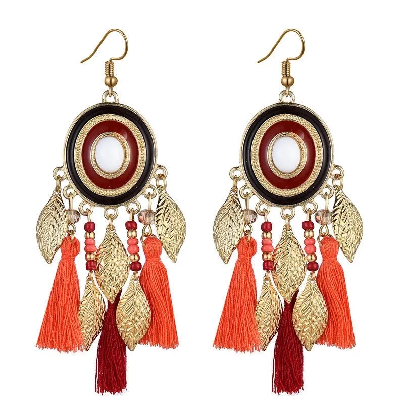 Boho Leaf Long Tassel Drop Earrings