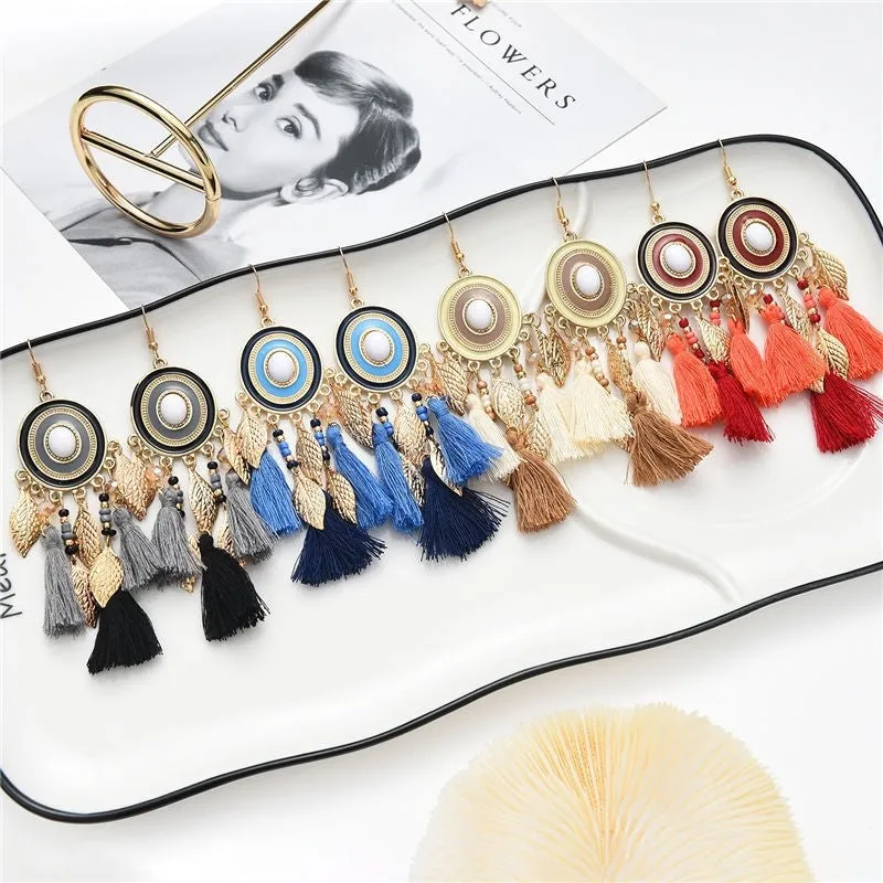 Boho Leaf Long Tassel Drop Earrings