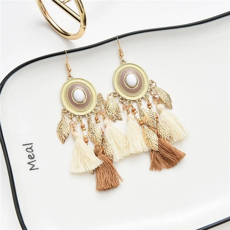 Boho Leaf Long Tassel Drop Earrings