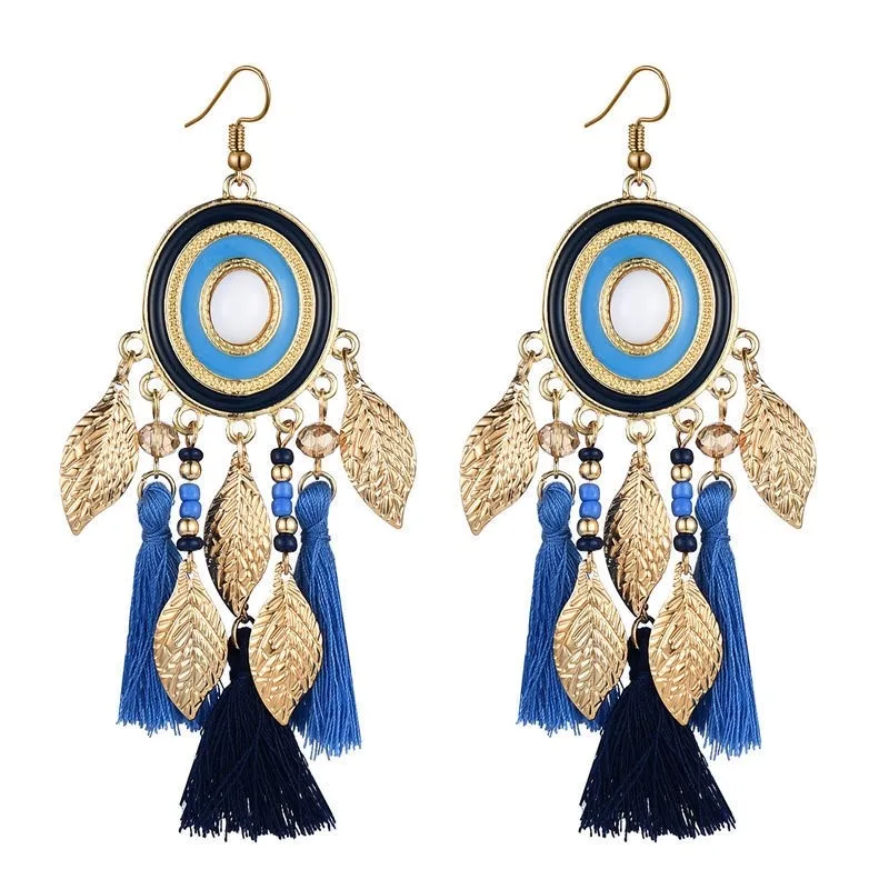 Boho Leaf Long Tassel Drop Earrings