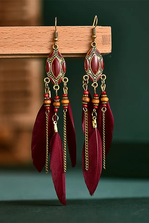 Boho Vintage Colorful Feather Tassel Dangle Drop Earrings