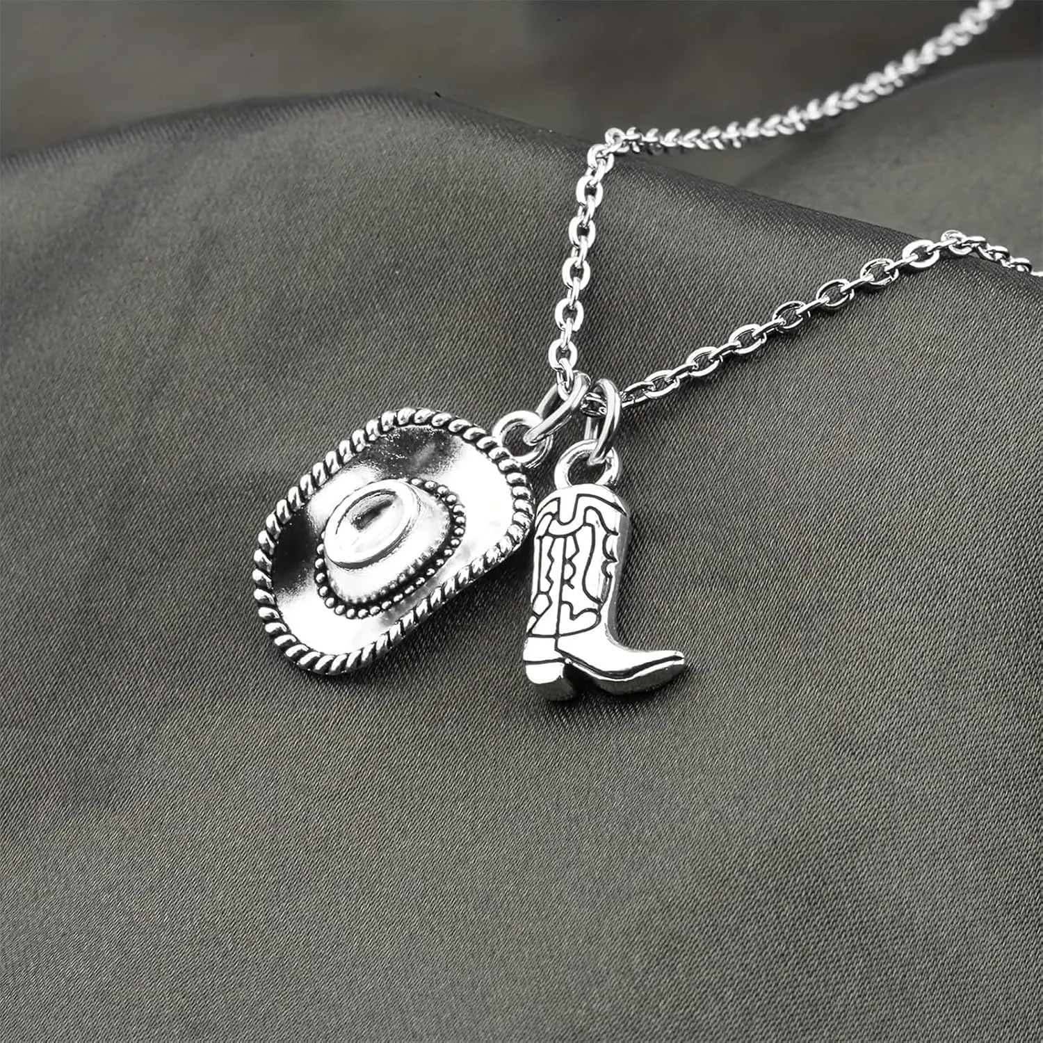 Cowgirl Cowboy Boot Hat Pendant Necklace Silver Plated Boho Personalized Texas Boots Adjustable Chain Necklace for Cool Men Western Style Country Women Birthday Party Fashion Jewelry Gifts