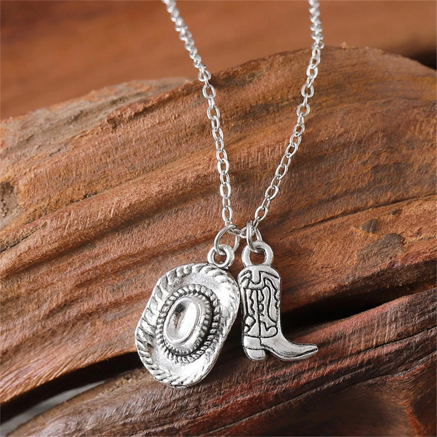 Cowgirl Cowboy Boot Hat Pendant Necklace Silver Plated Boho Personalized Texas Boots Adjustable Chain Necklace for Cool Men Western Style Country Women Birthday Party Fashion Jewelry Gifts