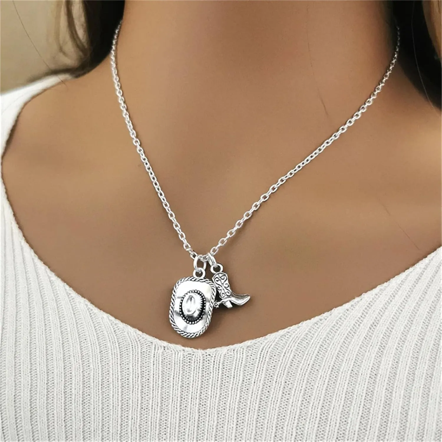 Cowgirl Cowboy Boot Hat Pendant Necklace Silver Plated Boho Personalized Texas Boots Adjustable Chain Necklace for Cool Men Western Style Country Women Birthday Party Fashion Jewelry Gifts