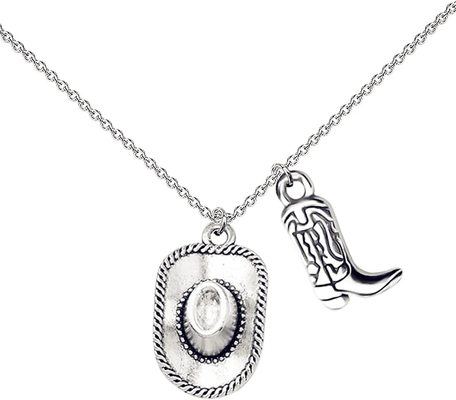 Cowgirl Cowboy Boot Hat Pendant Necklace Silver Plated Boho Personalized Texas Boots Adjustable Chain Necklace for Cool Men Western Style Country Women Birthday Party Fashion Jewelry Gifts