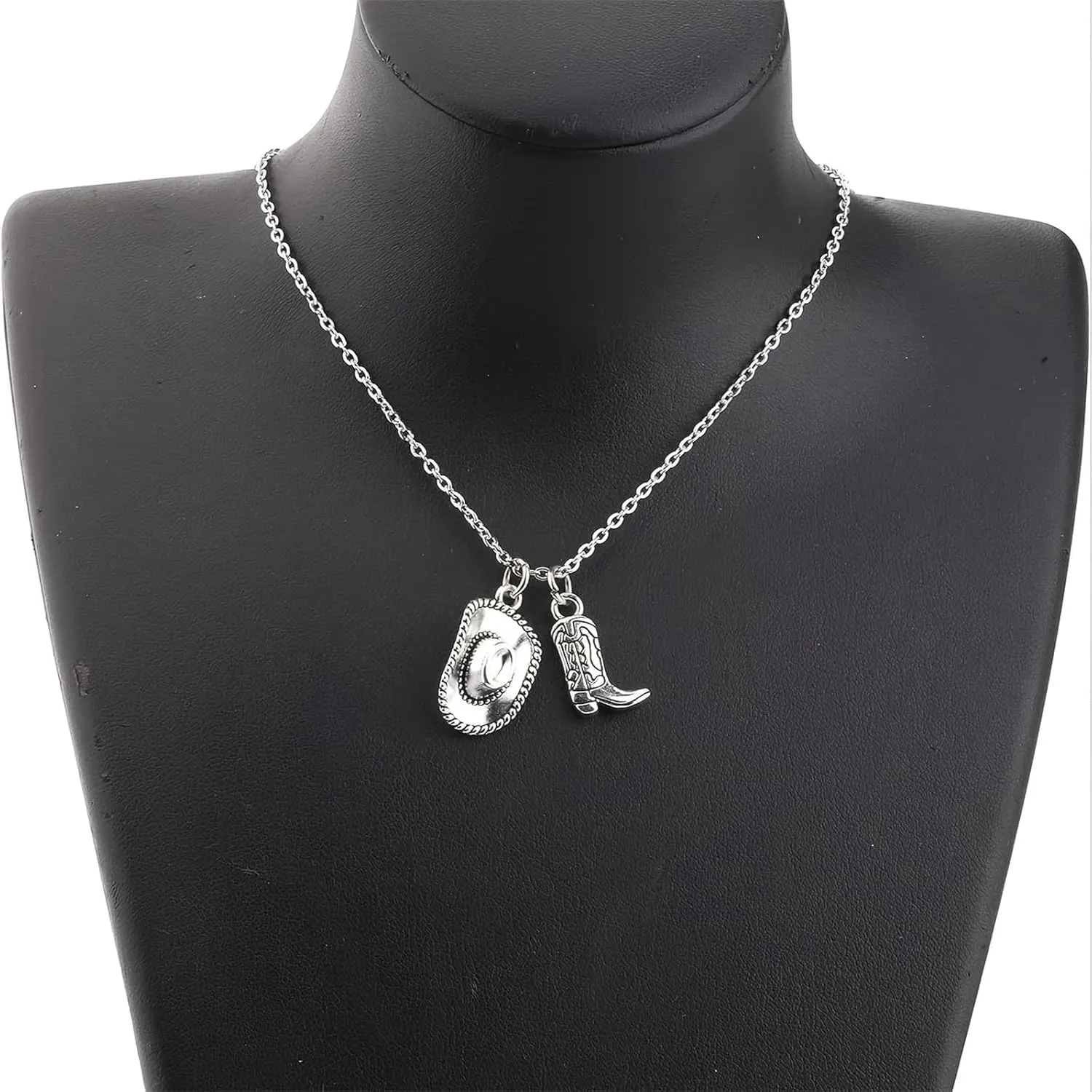 Cowgirl Cowboy Boot Hat Pendant Necklace Silver Plated Boho Personalized Texas Boots Adjustable Chain Necklace for Cool Men Western Style Country Women Birthday Party Fashion Jewelry Gifts