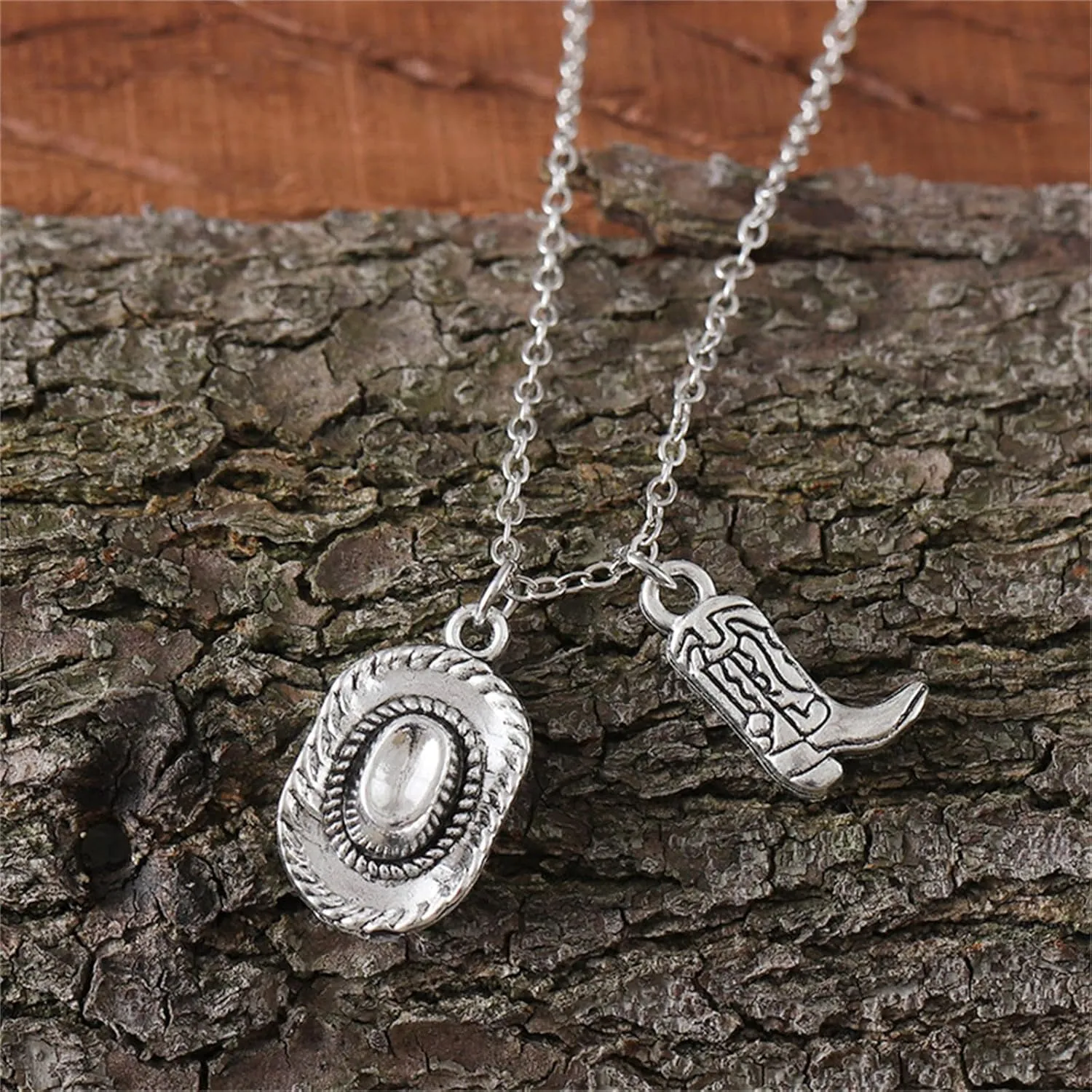 Cowgirl Cowboy Boot Hat Pendant Necklace Silver Plated Boho Personalized Texas Boots Adjustable Chain Necklace for Cool Men Western Style Country Women Birthday Party Fashion Jewelry Gifts