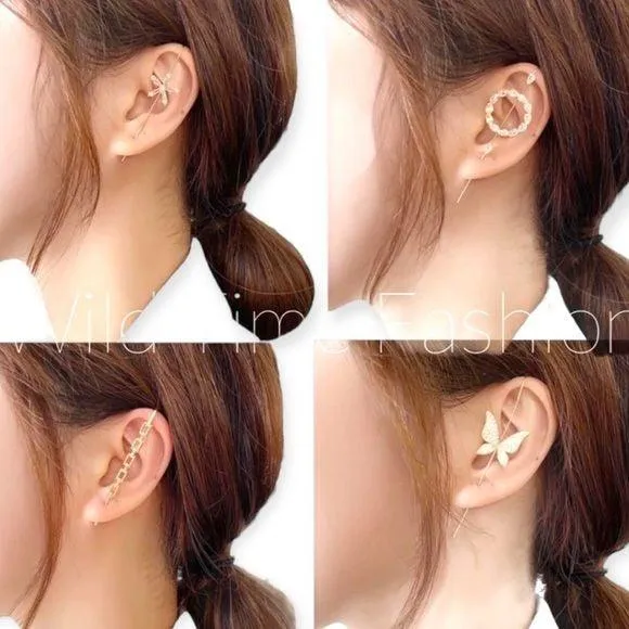 Crystal Moon Ear Pin Hook Cuff Earring