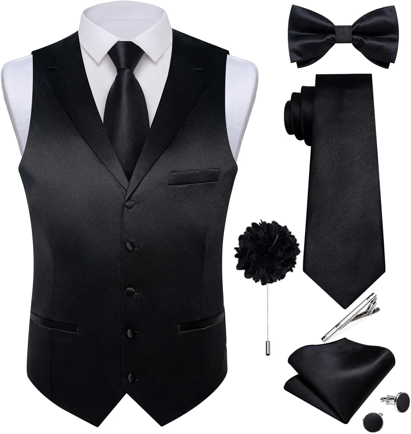 DiBanGu Formal Suit Vest Tie Set for Men Classic Solid Notch Lapel Dress Waistcoat Satin Vest Bowtie for Wedding Party
