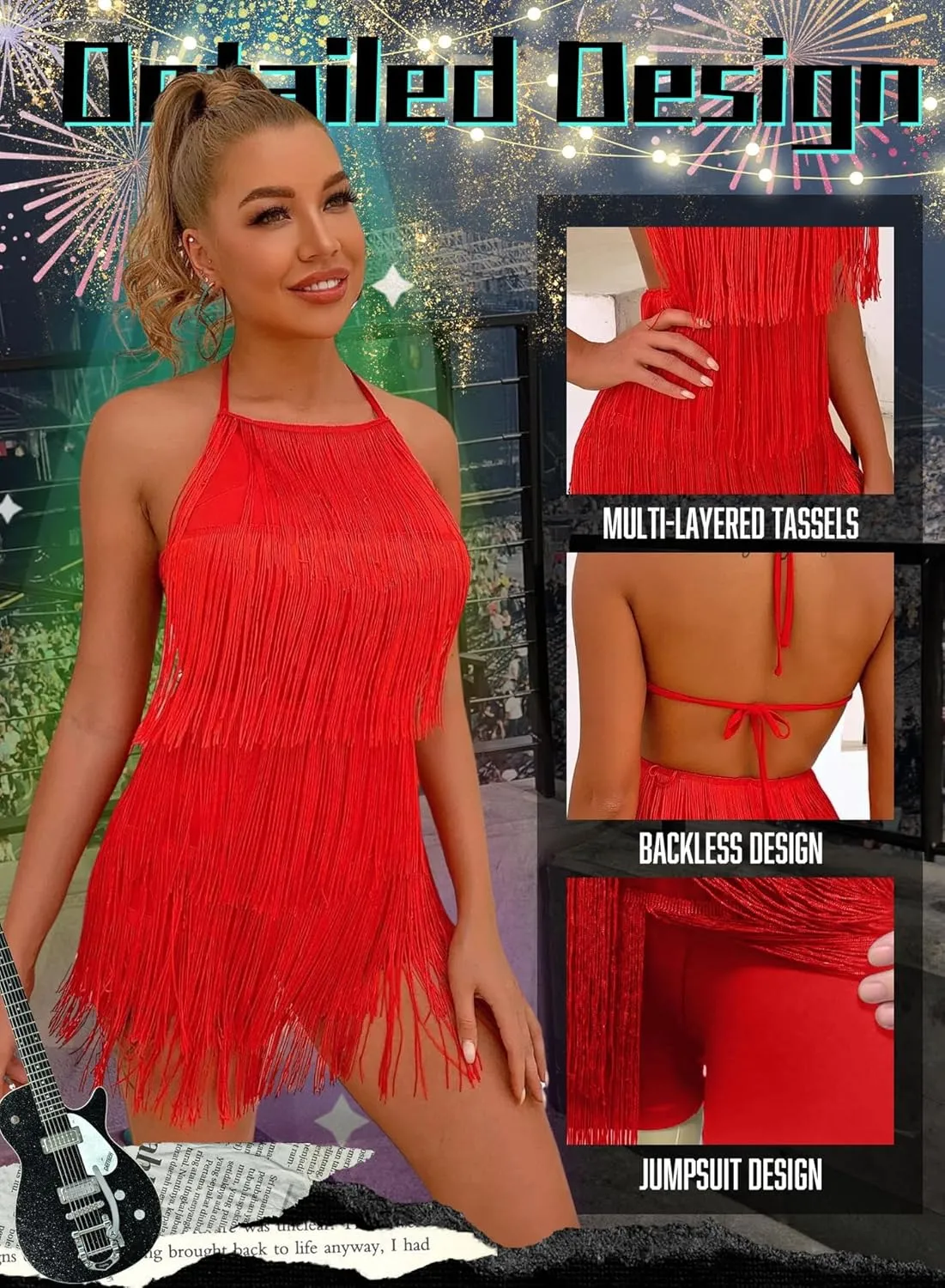 Ella Lust Sexy Backless Fringe Dress Jumpsuit - Western Country Concert Cowgirl Outfit for Women Nashville Tassel Romper