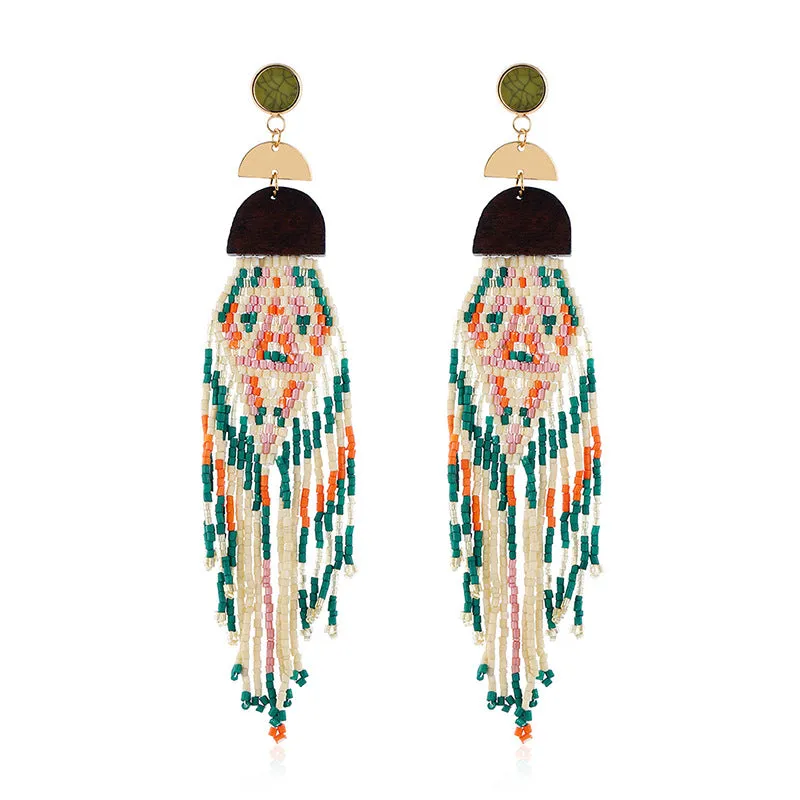 Exaggerated Long Handmade Rice Bead Tassel Earrings