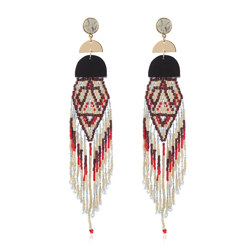 Exaggerated Long Handmade Rice Bead Tassel Earrings