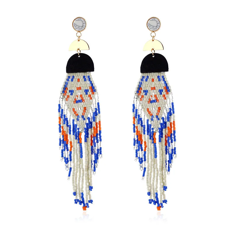 Exaggerated Long Handmade Rice Bead Tassel Earrings