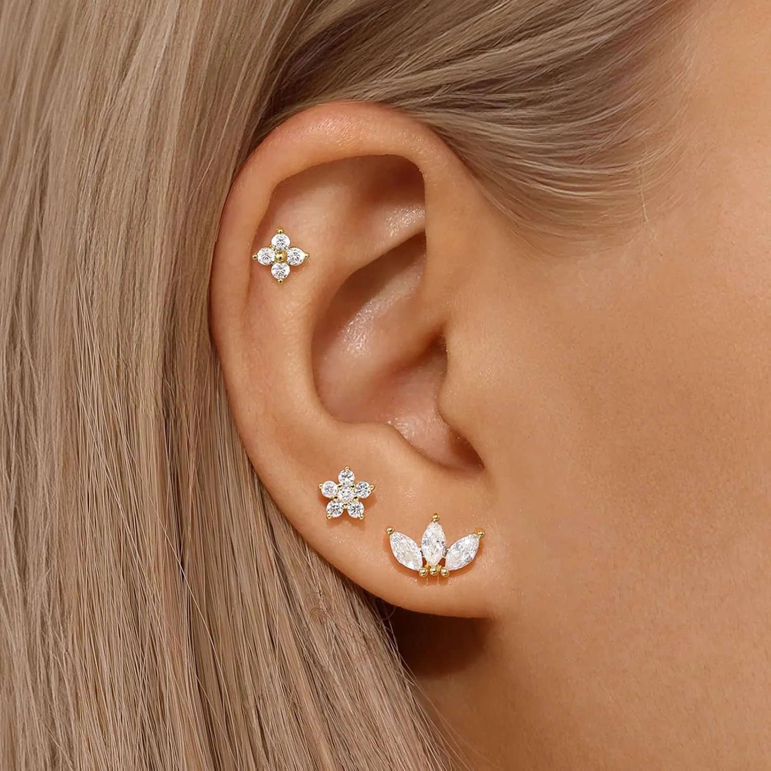 Flat Back Earrings 14K Gold Plated Earrings Studs Cartilage Earring 925 Sterling Silver Hypoallergenic Small Earring Tragus Cartilage Screw Back Earrings for Multiple Piercing
