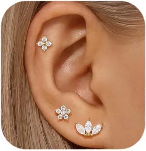 Flat Back Earrings 14K Gold Plated Earrings Studs Cartilage Earring 925 Sterling Silver Hypoallergenic Small Earring Tragus Cartilage Screw Back Earrings for Multiple Piercing
