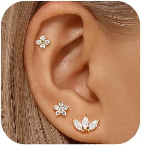 Flat Back Earrings 14K Gold Plated Earrings Studs Cartilage Earring 925 Sterling Silver Hypoallergenic Small Earring Tragus Cartilage Screw Back Earrings for Multiple Piercing