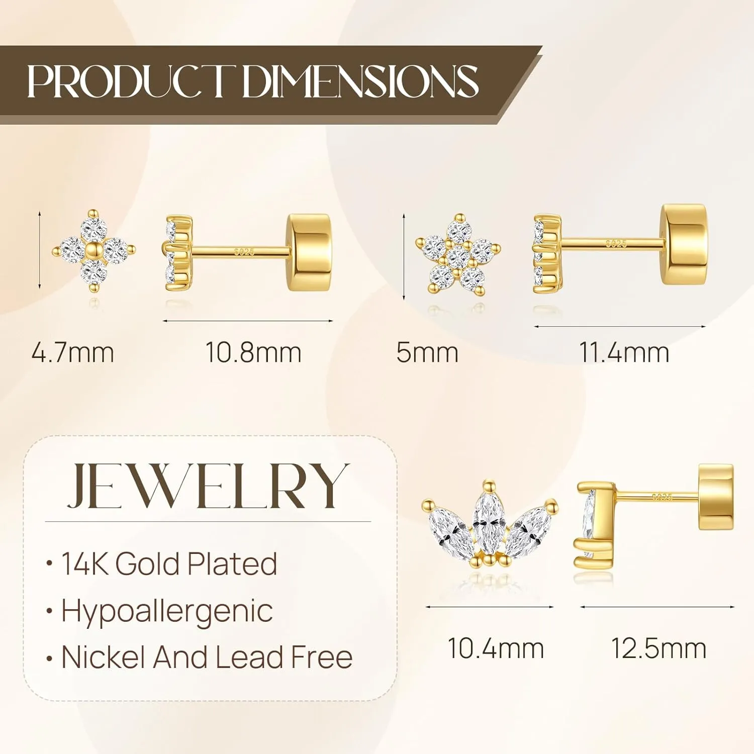 Flat Back Earrings 14K Gold Plated Earrings Studs Cartilage Earring 925 Sterling Silver Hypoallergenic Small Earring Tragus Cartilage Screw Back Earrings for Multiple Piercing