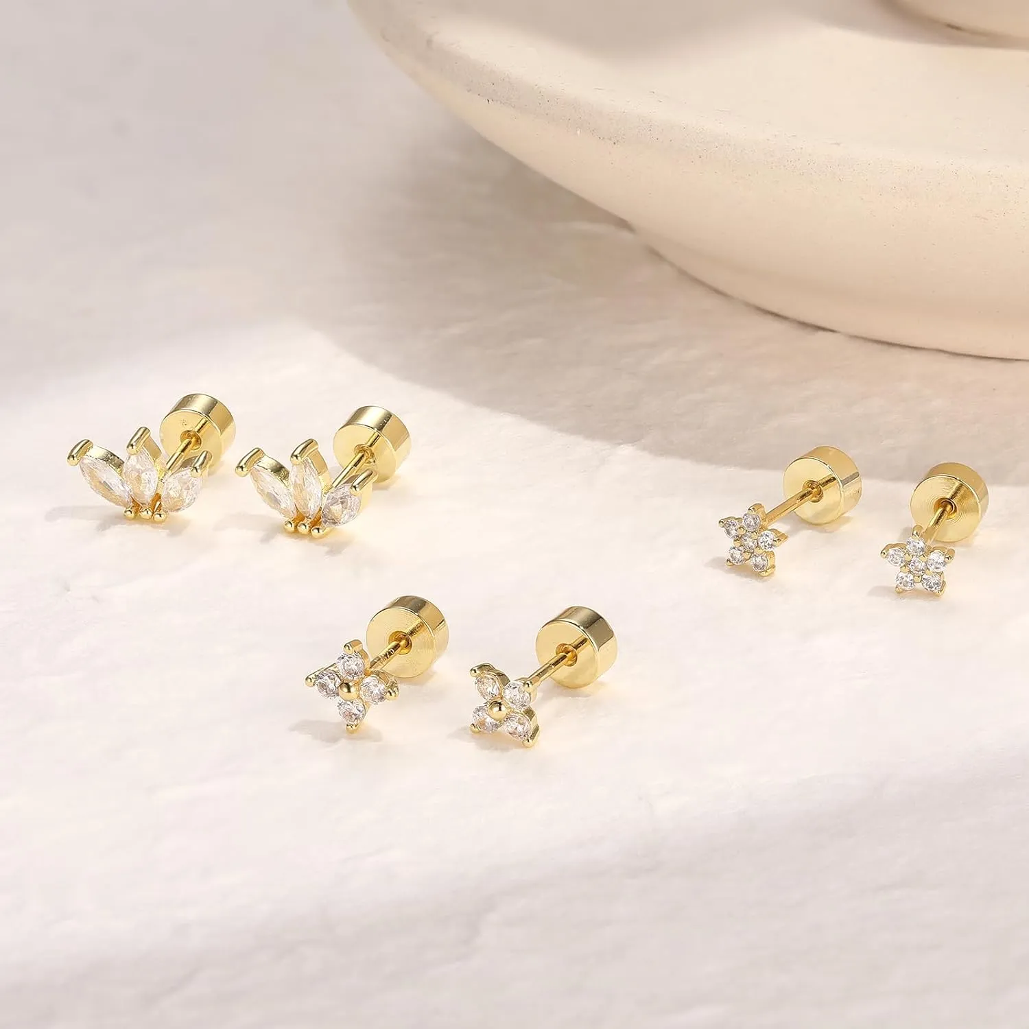 Flat Back Earrings 14K Gold Plated Earrings Studs Cartilage Earring 925 Sterling Silver Hypoallergenic Small Earring Tragus Cartilage Screw Back Earrings for Multiple Piercing