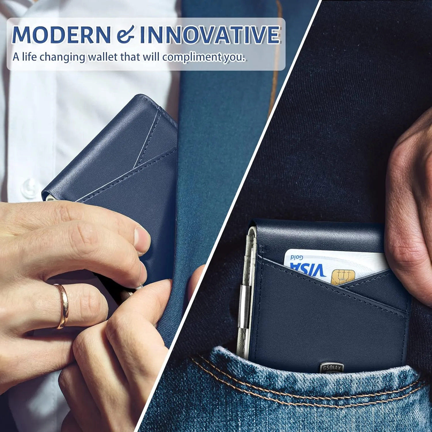 GSOIAX Slim Leather RFID Bifold Wallet for Men Minimalist Front Pocket Wallet with Money Clip, 12 Card Slots, ID Window, Cool Groove Design, Includes Gift Box(Dark Blue and Beige)