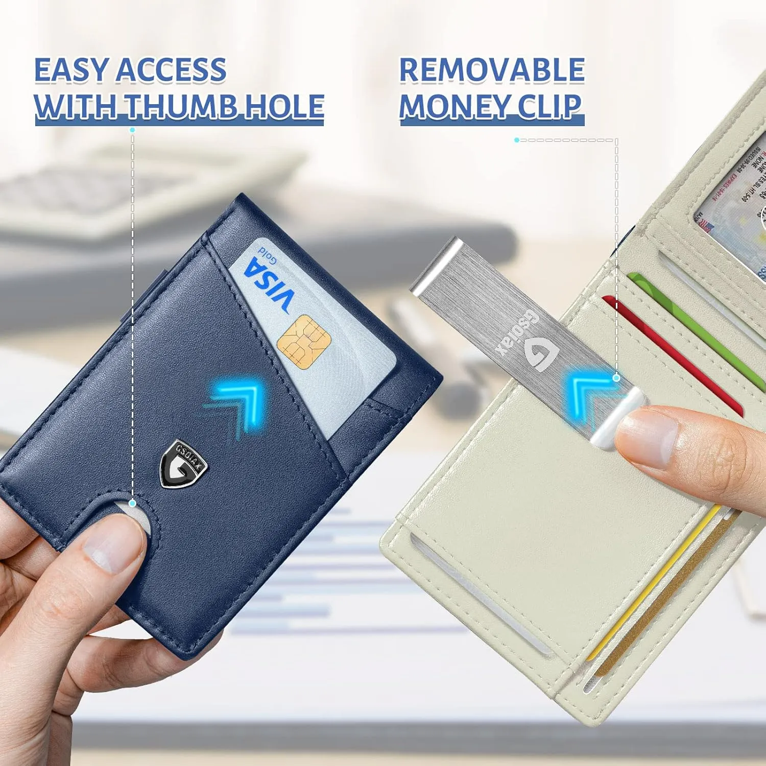 GSOIAX Slim Leather RFID Bifold Wallet for Men Minimalist Front Pocket Wallet with Money Clip, 12 Card Slots, ID Window, Cool Groove Design, Includes Gift Box(Dark Blue and Beige)